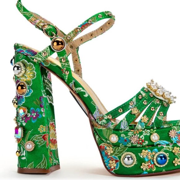 Callie Xhibit: Museum Platform Jeweled Tapestry Gold Pearl Heels - Picture 2 of 6